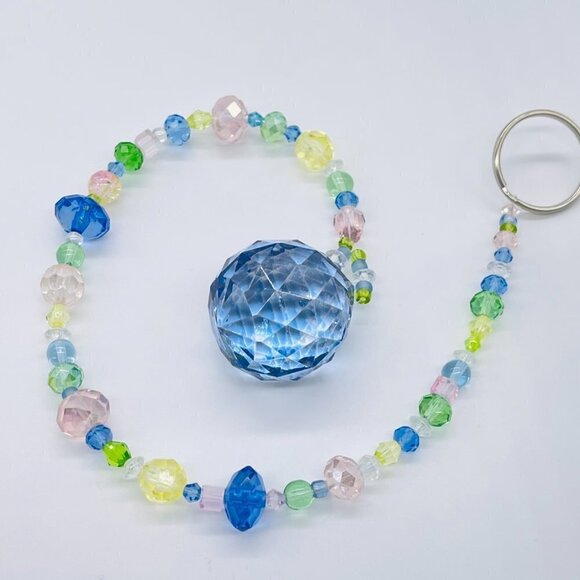 Beaded Suncatcher - Pastel Pink Blue Green Yellow - Blue Crystal Prism - Decor - Picture 2 of 12